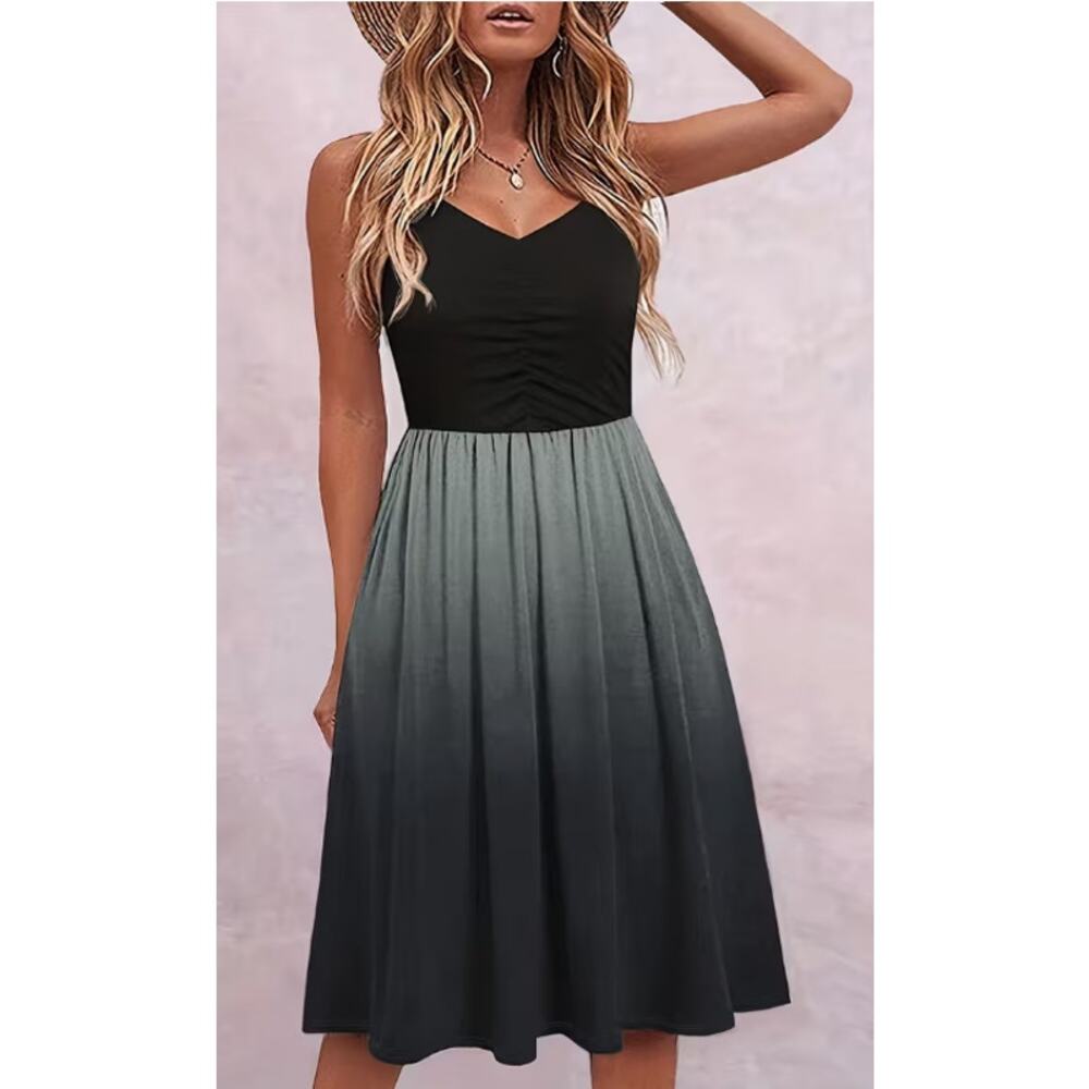 Green Black Ombre Size 4XL Tank Dress Color Block Sleeveless Ruched Front